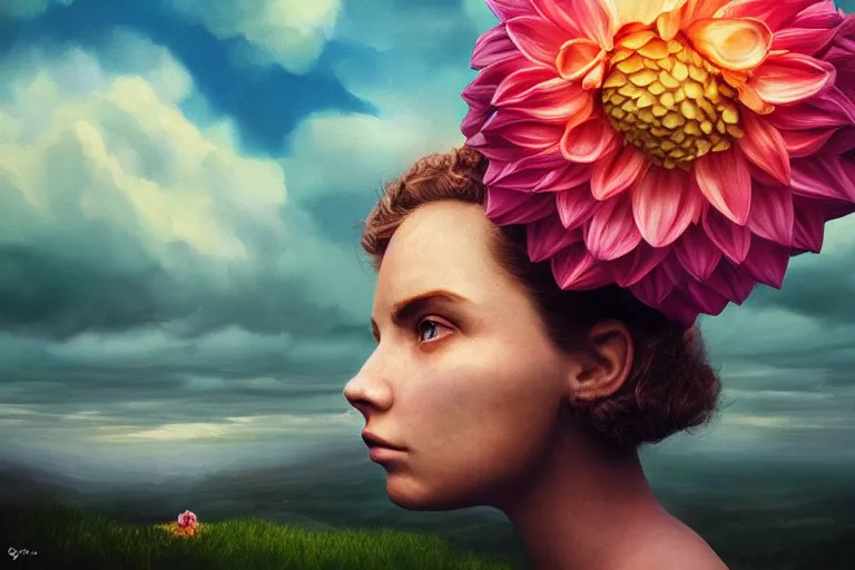 Image similar to giant dahlia flower crown under head, portrait girl on mountain, surreal photography, blue storm clouds, dramatic light, impressionist painting, digital painting, artstation, simon stalenhag