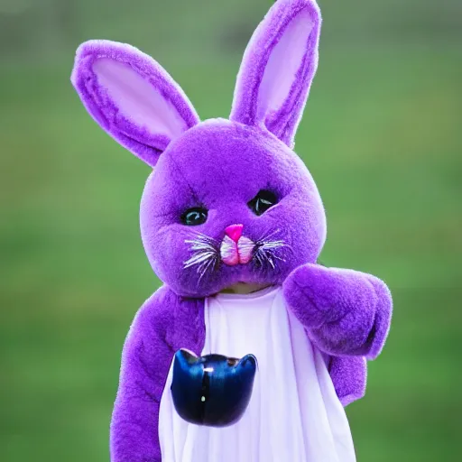 Image similar to a mascot of a purple bunny,creepy,eerie,scary,realistic