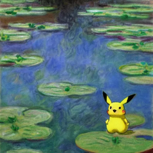 Prompt: pikachu sitting on a lilypad in a beautiful lake, oil on canvas by claude monet