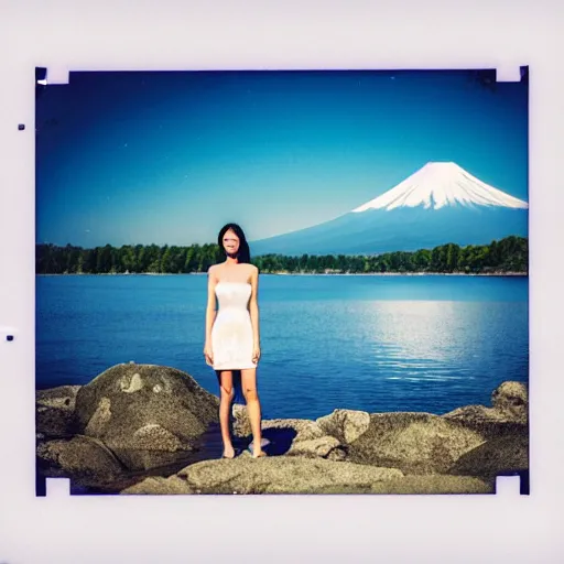 Image similar to a instax photo of fuji mountain, a beautiful girl in a transparent sheer fabric dress against the background of a lake, full body shot, perfect symmetrical body, perfect symmetrical face, coherent symmetrical eyes, hyperrealistic, hyperdetailed, octane render, 8 k