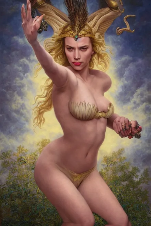 Image similar to A fantasy comic book style portrait painting of Scarlett Johansson, Margot Robbie, as an Atlantean Reptilian Warrior, Mystical Valkyrie, François Boucher, Oil Painting, unreal 5, DAZ, hyperrealistic, octane render, Regal, Refined, Detailed Digital Art, RPG portrait, William-Adolphe Bouguereau, Michael Cheval, Walt Disney (1937), Steampunk, dynamic lighting, Highly Detailed, Cinematic Lighting, Unreal Engine, 8k, HD