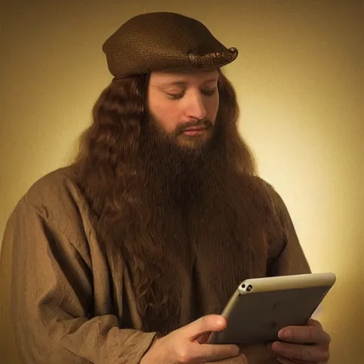 Image similar to realistic photo portrait of a man using an ipad, looking like leonardo da vinci, volumetric lights, trending on artstation, studio photo, intricate details, highly detailed