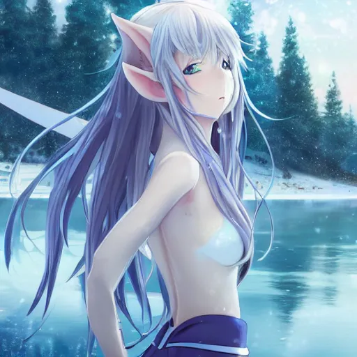 Image similar to a very beautiful anime elf girl, full body, long straight silver hair, sky blue eyes, full round face, short smile, casual clothes, ice snowy lake setting, cinematic lightning, medium shot, mid-shot, highly detailed, trending on Artstation, Unreal Engine 4k, cinematic wallpaper by Stanley Artgerm Lau, WLOP, Rossdraws, James Jean, Andrei Riabovitchev, Marc Simonetti, and Sakimichan