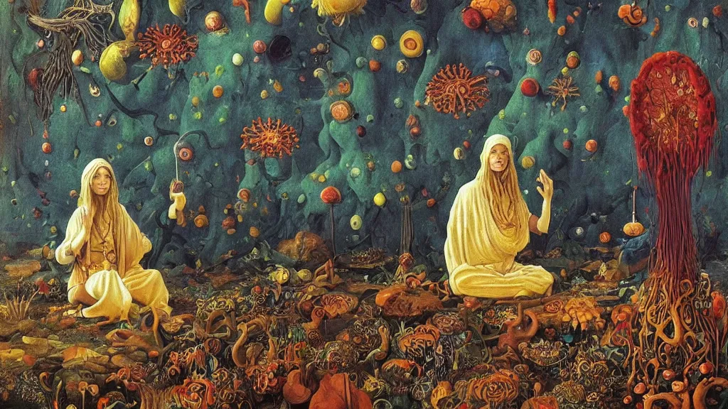 Prompt: a meditating druid shaman surrounded by a single colorful! ( lovecraftian ) golden fungus tower white! clear empty sky, a high contrast!! ultradetailed photorealistic painting by jan van eyck, audubon, rene magritte, agnes pelton, max ernst, walton ford, andreas achenbach, ernst haeckel, hard lighting, masterpiece