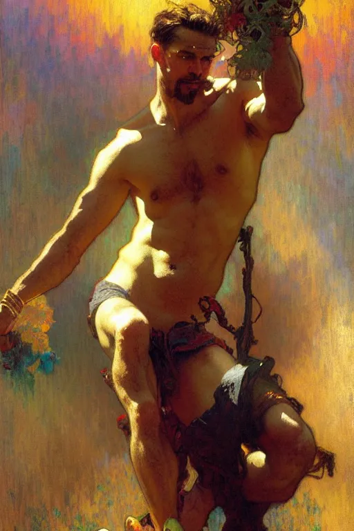 Image similar to attractive man, rainbow, painting by gaston bussiere, craig mullins, greg rutkowski, alphonse mucha