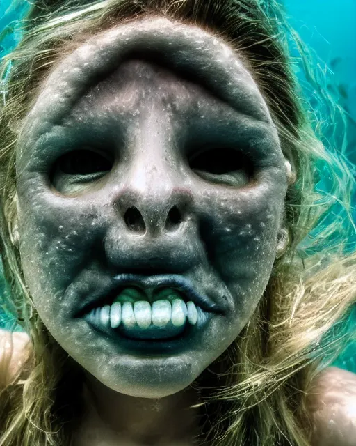 Image similar to detailed eyes, face of an underwater human descendant fishwoman, darkness, macro lens, very deep sea, mariana trench, teeth, dark, hd, dagon, fishpeople