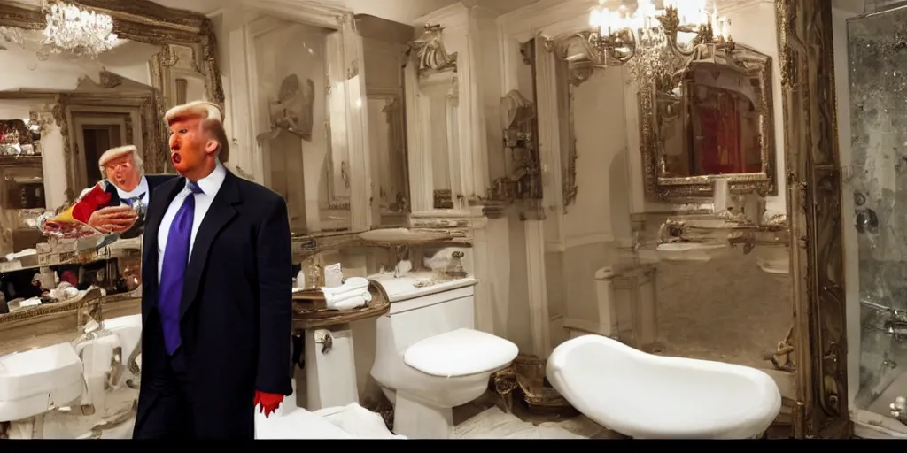 Prompt: ultra wide angle photo of donald trump dressed as willy wonka, from willy wonka and the chocolate factory, looking at himself in a bathroom mirror and seeing his reflection as an oompa loompa version of himself