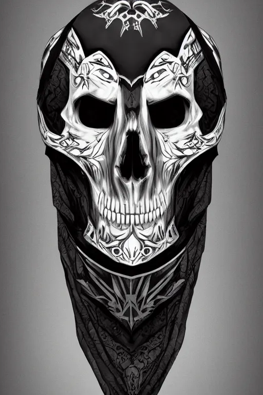 Image similar to hyper realistic digital art portrait of a villain wearing white bird skull mask, and high tech intricate armor and a black cloak.