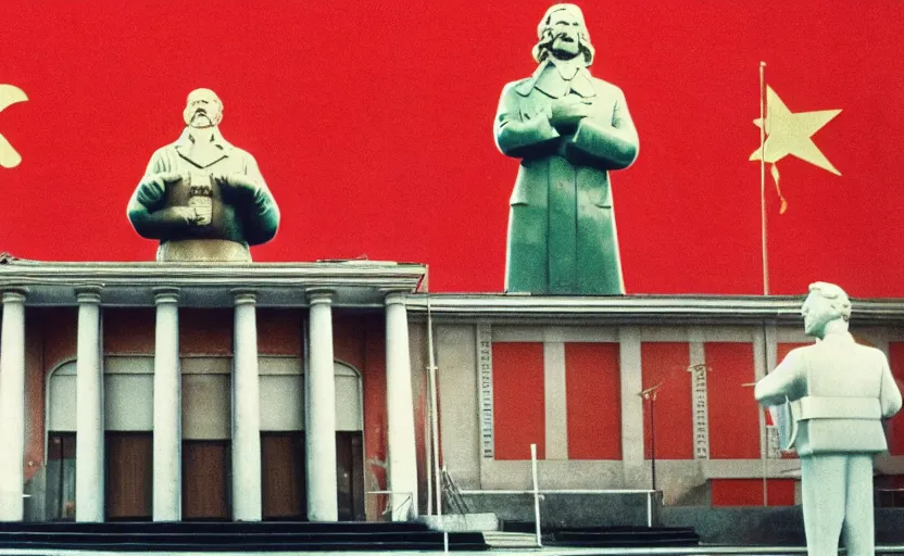 Image similar to 60s movie still of a CCCP congress with soviet flags and a bronze statue of Karl Marx stanilist style palace interior, by Irving Penn , cinestill 800t 35mm eastmancolor, heavy grainy picture, very detailed, high quality, 4k, HD criterion, precise texture