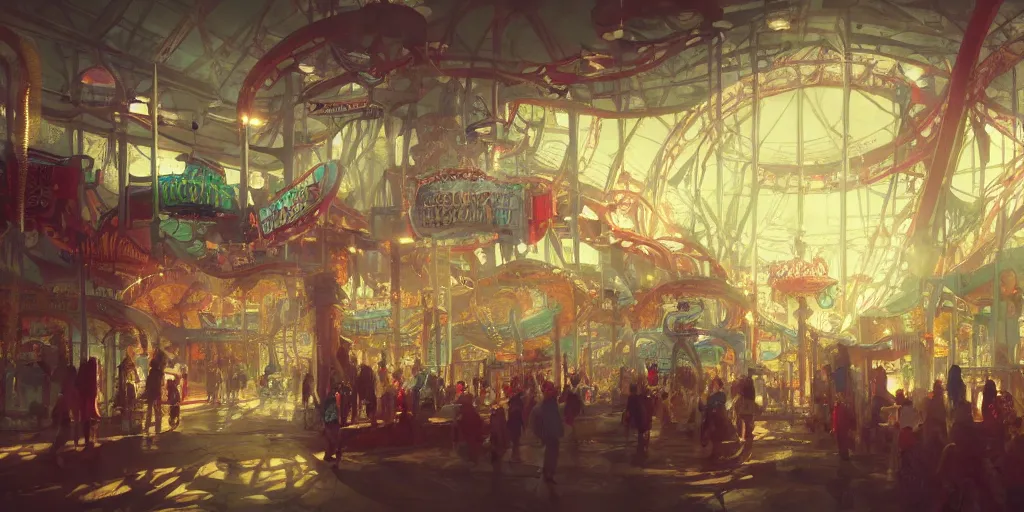 Image similar to amusement park interior design, Greg Rutkowski, Zabrocki, Karlkka, Jayison Devadas, trending on Artstation, 8K, ultra wide angle, pincushion lens effect.