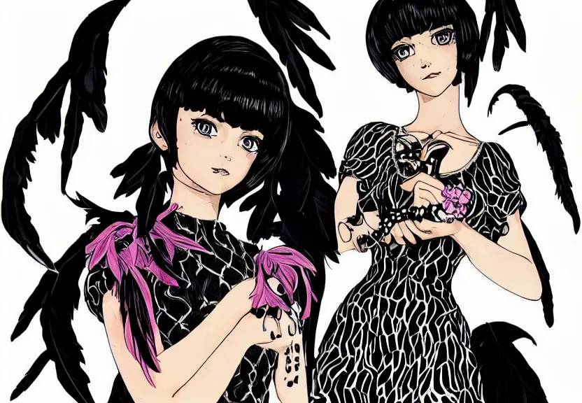 Prompt: beautiful little girl with a short black haircut wearing a dress made of black feathers, artwork in jojo bizarre adventure art style, anatomically perfect