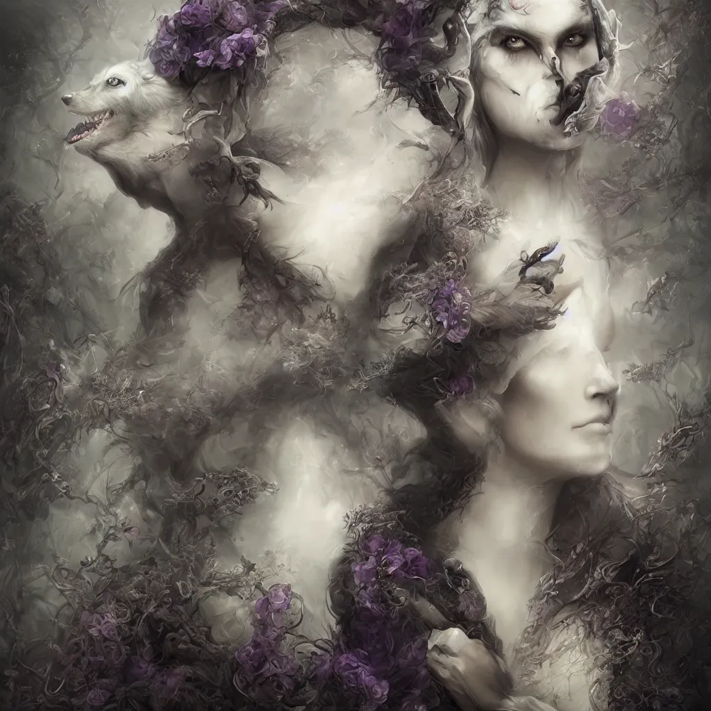 Image similar to tom bagshaw, soft painting centered portrait fractal curiosities carnival, a single beautiful anthropomorphic female wolf mutation in full nightshade gothic armor, accurate features, focus, very intricate ultrafine details, black white purple volumetric clouds, award winning masterpiece, octane render 8 k hd