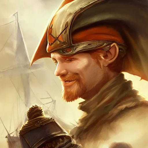 Image similar to dashing charming ginger grinning charismatic elf male rogue, wearing pirate captain's tricorne hat, naval background, amazing, trending on art station, artgerm, Greg rutkowski