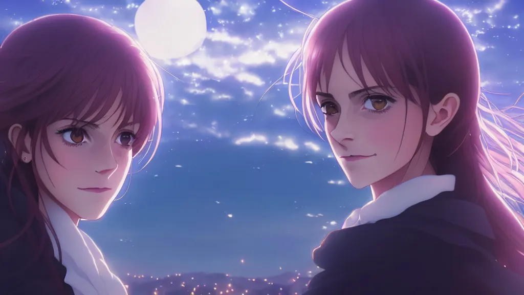 Image similar to medium portrait emma watson in heavens feel movie, detailed face, violet evergarden, tokyo, ufotable, key visual, cinematic, city background, night time, street, fate stay night, unlimited blade works, greg rutkowski, high resolution, street clothes, anime, high budget