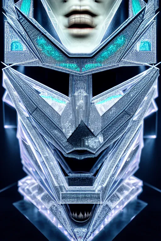 Image similar to hyperrealism, dreamland of chinese, ghost, sharp, slender and densely arranged teeth, futuristic, art deco, expressive, dystopian, cyberpunk, mecha, halfturn portrait of a big crystal face made of crystals half - turn, ominous, intricate, oc rendered, concept art, 4 k, sharp focus