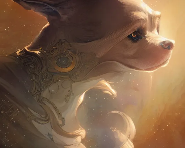 Prompt: Portrait of Sniba Inu in space, dark fantasy, intricate, elegant, highly detailed, digital painting, artstation, concept art, smooth, sharp focus, illustration, art by artgerm and greg rutkowski and alphonse mucha