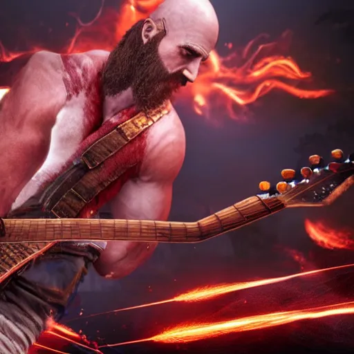 Prompt: kratos shredding on a flaming stratocaster guitar, cinematic render, god of war 2 0 1 8, santa monica studio official media, lightning, spartan rage, head turned