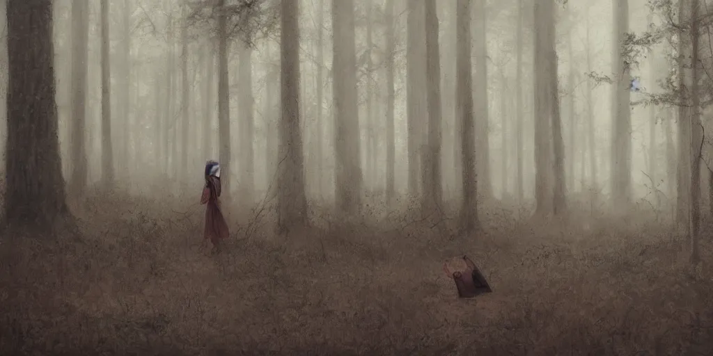 Image similar to a girl in a forest by Aron Wiesenfeld, cinematic, detailed illustration, nature, fog, dark colors, suspense, train the background, intricate, 8k