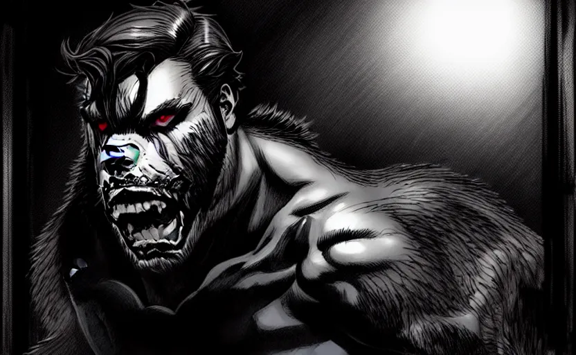 Image similar to in the style of artgerm, steve niles, rafael albuquerque, large hairy werewolf in a shopping mall at night, moody lighting, horror scary terror