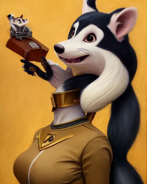 Image similar to painting of anthromorphic female skunk wearing starfleet uniforms, zootopia, fursona, furaffinity, 4 k, deviantart, furry art, wolf fursona, very expressive detailed feminine face, gaston bussiere, craig mullins, jc leyendecker, gustav klimt, artgerm, greg rutkowski, alphonse mucha