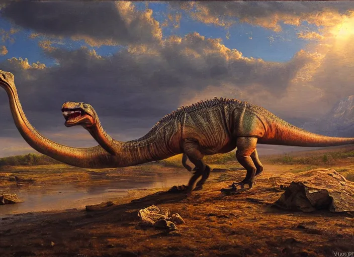 Image similar to oil painting of a dinosaur on canvas, by James gurney, realism, warm lighting, award winning, high detail, professional, volumetric lighting