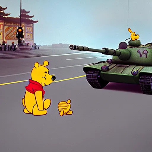 Image similar to winnie the pooh at tiananmen square sitting down on road in front of line of chinese tanks, award winning photography, extremely detailed, artstation, 8 k, sensual lighting, incredible art, wlop, artgerm