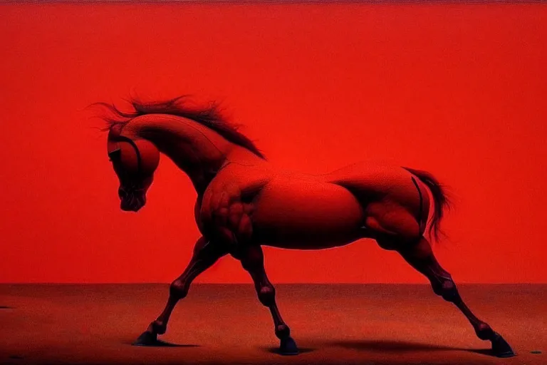 Image similar to a red horse, in the style of beksinski, parts by edward hopper, parts by rodcenko, parts by yue minjun, intricate and epic composition, red by caravaggio, insanely quality, highly detailed, masterpiece, red light, artstation, 4 k