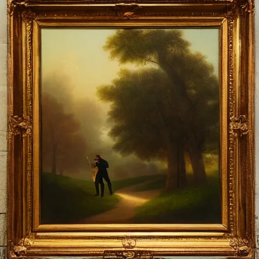 Image similar to an impressively euphoric 1 8 0 0 s romanticism - inspired oil painting depicting a man playing a piano underneath a foggy tree line at dawn inspired by liberty leading the people