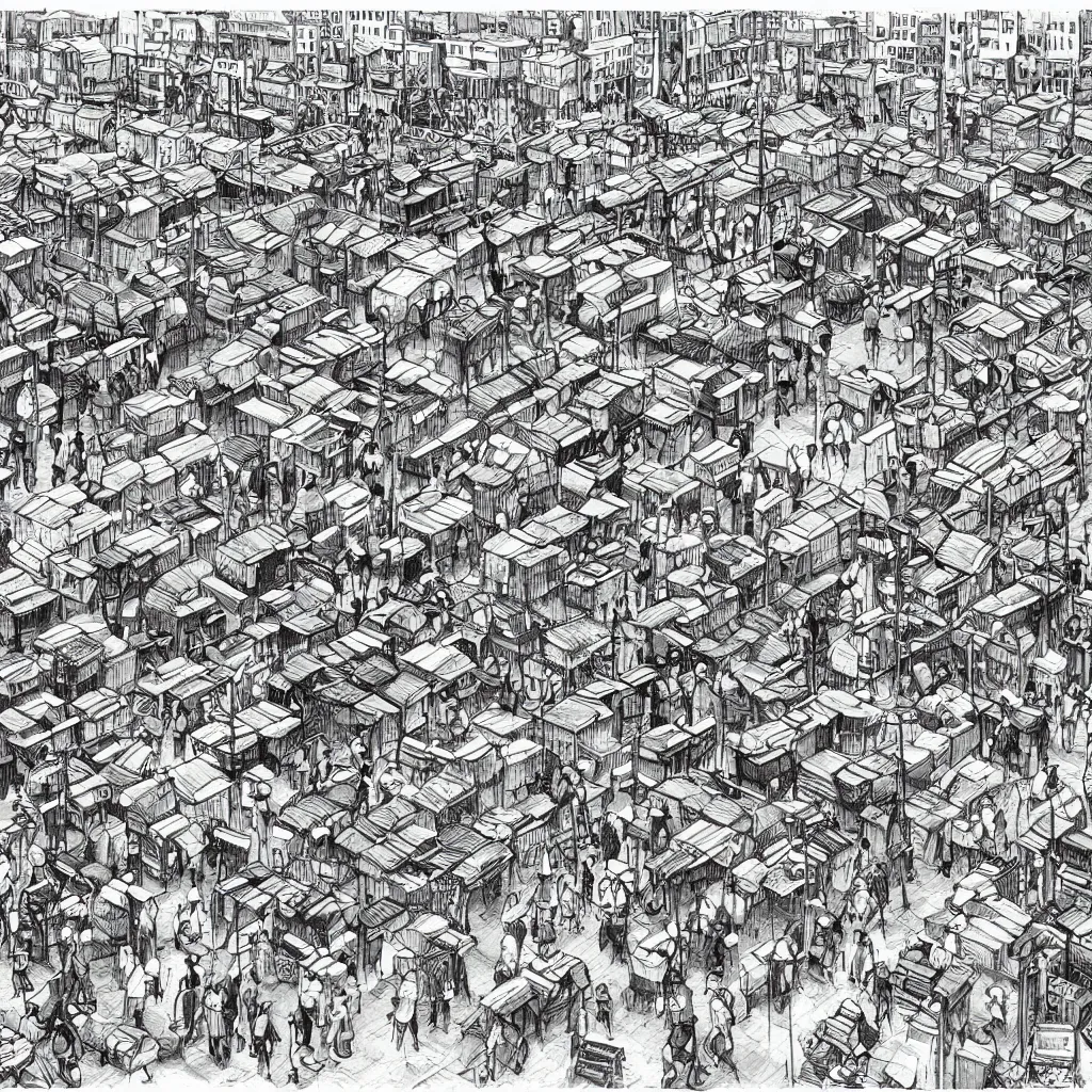 Image similar to a black and white drawing of a busy fish market stretching to the horizon, a storybook illustration by mattias adolfsson, behance contest winner, modern european ink painting, matte drawing, storybook illustration, panoramic, isometric