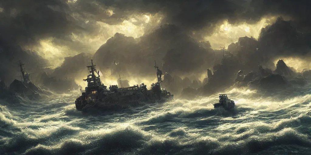 Image similar to scifi barge in turbulent waters in rocky coast, hyper realistic, highly detailed, digital art, apocalyptic, intimidating lighting, raytracing, sharp focus, smooth, romanticism