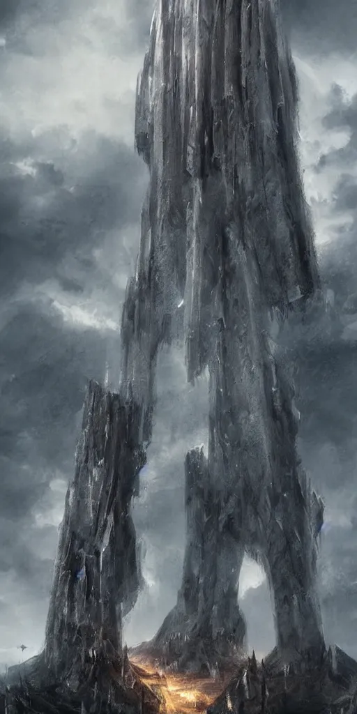 Image similar to giant medieval monolith concept art, very very very very tall, dramatic lightning, trending on deviantart, movie still, award wining photograph