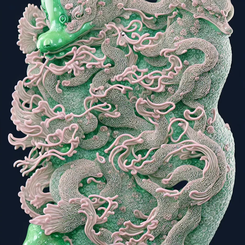 Prompt: A single Close up photo-real delicate ceramic porcelain sculpture of an ornate symmetrical Kitsune detailed in front of an intricate background by Victo Ngai and takato yamamoto, micro detail, backlit lighting, face in focus, subsurface scattering, translucent, thin porcelain, octane renderer, neon green, pink and blue, physically based rendering, japanese pottery, trending on cgsociety