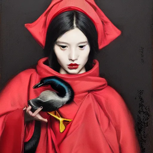 Prompt: portrait of cute duck, wearing cultist red robe, black feathers doing witchcraft, expressive oil painting, by yoshitaka amano, by greg rutkowski, by jeremy lipkinng, by artgerm, gitital art, octane render