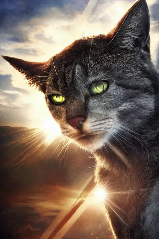 Image similar to a movie poster for warrior cats, depth of field, sun flare, hyper realistic, very detailed, backlighting, cgi, by wayne mclouglin