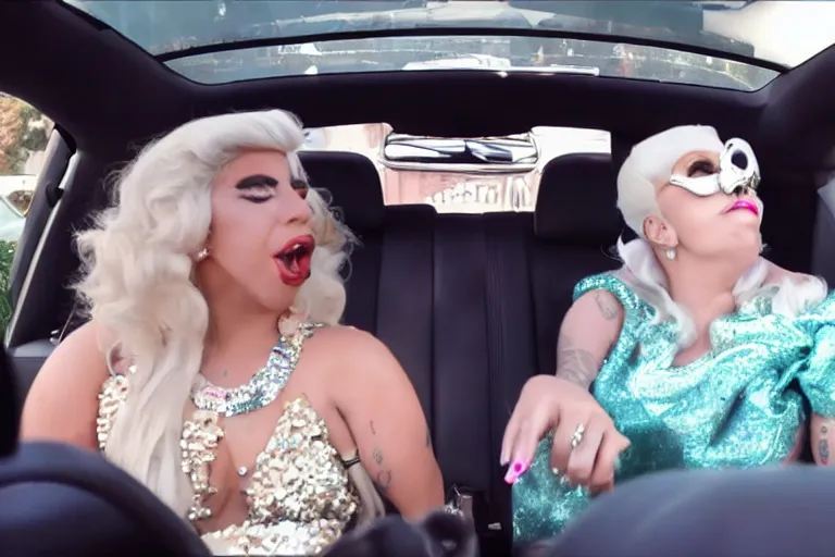 Image similar to lady gaga and judy in garland carpool karaoke, highly realistic, highly detailed, high resolution, 8 k 4 k,