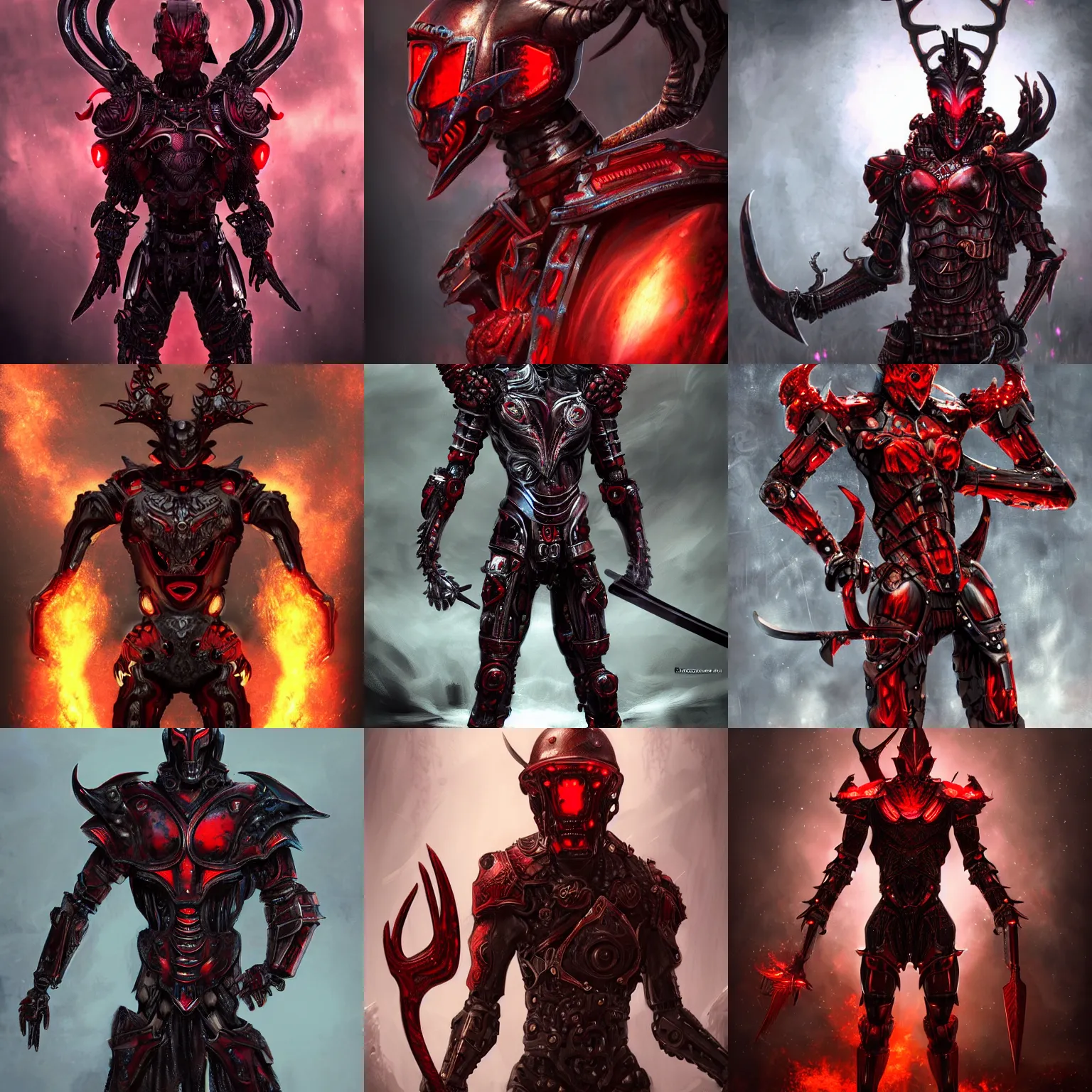 Prompt: humanoid warrior with a body of red thick iridescent metal scales, dark and ominous, cybernetic, character concept artwork, sword antlers, realistic, evil, gritty, matte, fire, detailed, rich iridescent colors, cgi, hd