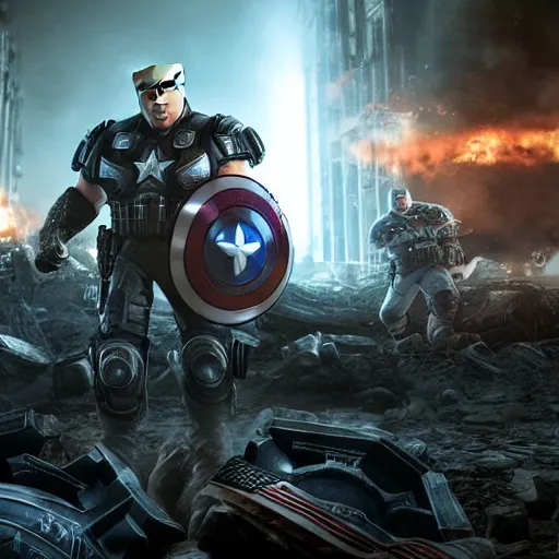 Image similar to Portrait! of President Donald Trump as ((captain america)) in Gears of War, splash art, movie still, cinematic lighting, dramatic, octane render, long lens, shallow depth of field, bokeh, anamorphic lens flare, 8k, hyper detailed, 35mm film grain