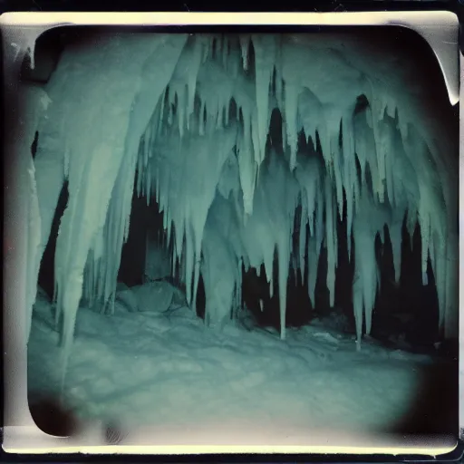 Image similar to a dark glacier cave wit a low ceiling, icicles, deep, dark, creepy, eerie, unsettling, terrifying, old polaroid, expired film, deep,