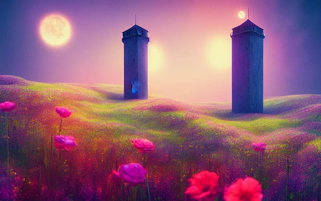 Prompt: a lonely tower in a field of flowers landscape by mike winkelmann, magic realism matte painting, vibrant colors, highly detailed