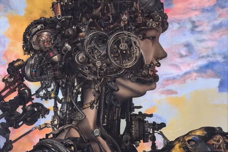 Prompt: 8K UHD, detailed portrait, high dynamic range, by katsuhiro otomo: (background= varnished oil paint on black background with pastel paint splashes in background)+ (subject = queer baroque expressionist cyborg machine goddess + subject detail= very detailed )