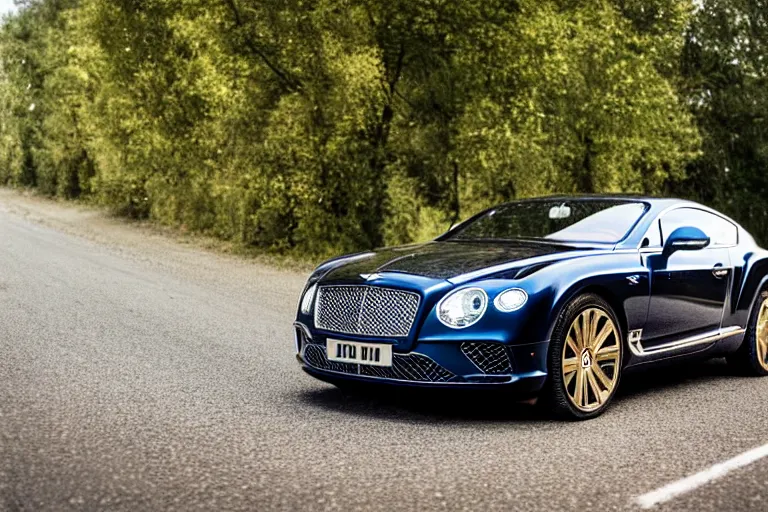 Prompt: Bentley Continental GT in shiny gold film drives along old Russian village road with houses houses around the edges