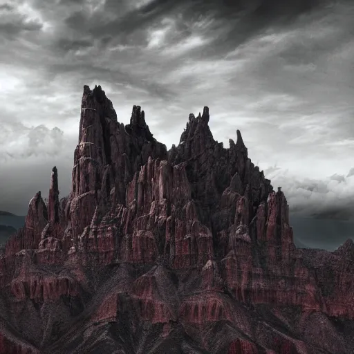 Image similar to dark gothic palace, gothic palace made, GOTHIC PALACE! of rock with tall spires, bristlecone pine trees, grand canyon, ultrawide cinematic 3d render, dark dramatic skies, atmospheric, vultures
