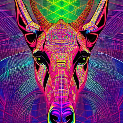 Image similar to a psychedelic neon technicolor portrait illustration of a cyberpunk giraffe in geometric kaleidoscopic colors trending on artstation 4 k intricate extremely detailed digital art