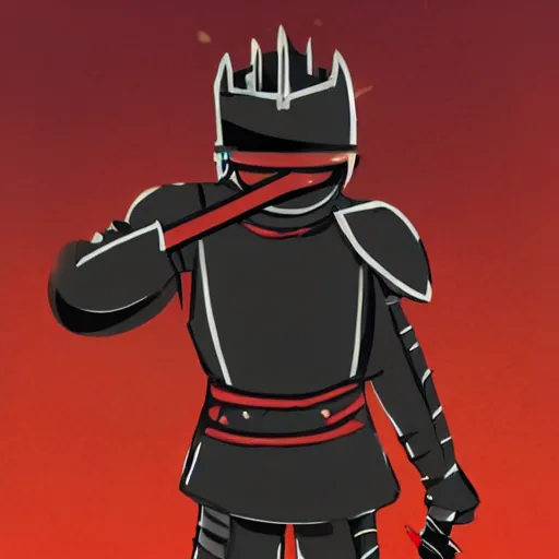 Image similar to a black knight in shining armor, a terrible mask on his face, eyes burning with red fire. a boy is standing next to him and he has a sword in his hands