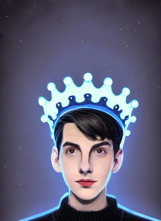 Image similar to portrait of teenage jughead jones wearing a light grey crown, crown, blue turtleneck, 1 9 5 0 s, closed eyes, photorealistic, black hair, glowing lighting, intricate, elegant, glowing lights, highly detailed, digital painting, artstation, concept art, smooth, sharp focus, illustration, art by wlop, mars ravelo and greg rutkowski