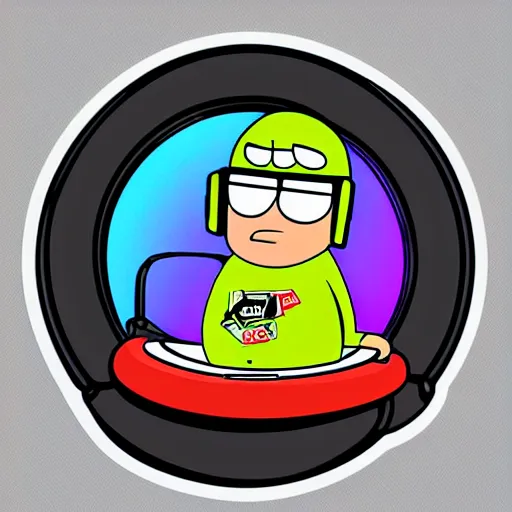 Image similar to svg sticker of a Family-Guy Peter-Griffin at a rave, spinning records, giant headphones rocking out, wearing headphones, huge speakers, dancing, rave, DJ, spinning records, digital art, amazing composition, rule-of-thirds, award-winning, trending on artstation, featured on deviantart