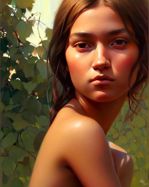 Image similar to stylized portrait of an artistic pose, composition, young indigenous girl, realistic shaded, fine details, realistic shaded lighting poster by ilya kuvshinov, magali villeneuve, artgerm, jeremy lipkin and michael garmash and rob rey