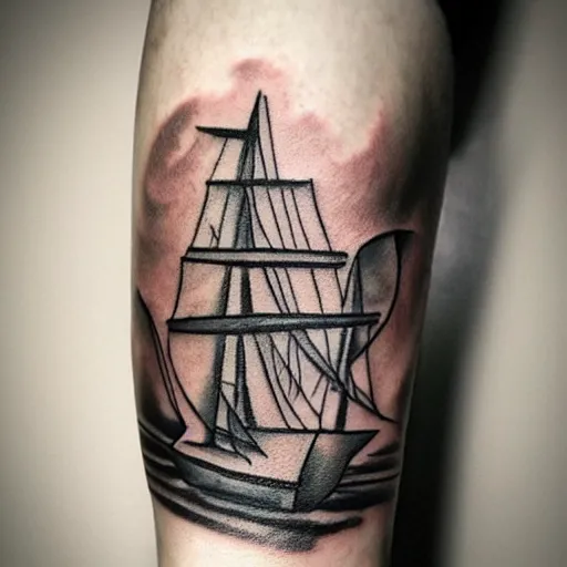 Image similar to a pirate ship sailing in the sea, realism tattoo design with amazing shades by david vega, clean white paper background