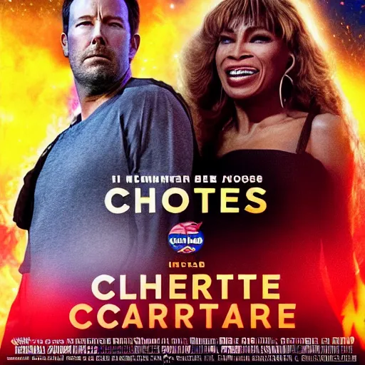 Image similar to movie poster of movie climate catastrophe 2 0 5 0, where the world is burning from global warming. starring ben affleck and tina turner.