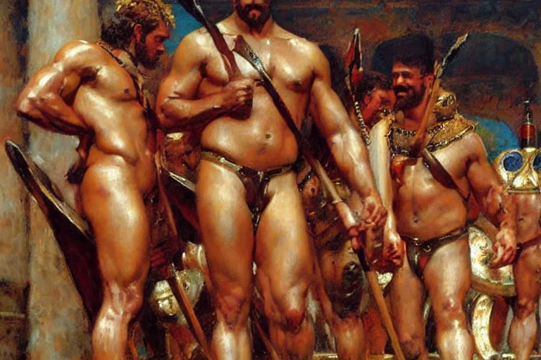 Image similar to male gladiators, painting by gaston bussiere, craig mullins, j. c. leyendecker, tom of finland